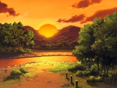 a painting of the sun setting over a lake