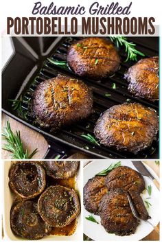 grilled mushrooms on a grill with rosemary garnishes