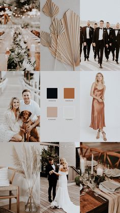 a couple and their dog are posing for pictures in front of the wedding color scheme