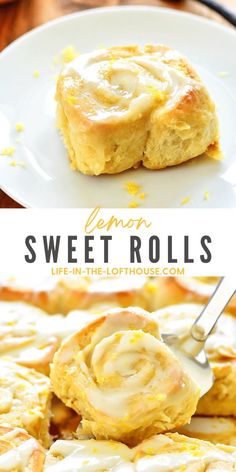 a close up of a plate of food with lemon rolls on it and the words sticky lemon rolls