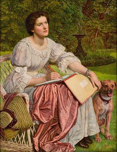 a painting of a woman sitting on a bench next to a dog and holding a book