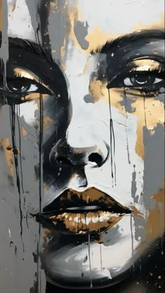 a painting of a woman's face with dripping paint on her face and lips