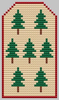 a cross stitch christmas tree pattern on a white background with red trimmings and green trees