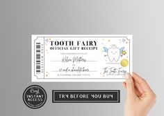 someone holding up a tooth fairy gift receipt