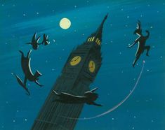 an image of a clock tower in the sky with cats flying around and people on it