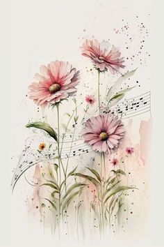 pink flowers with music notes in the background and watercolor style painting on white paper