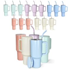 many different colored cups with lids and straws