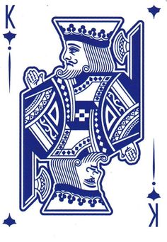 a blue and white playing card with an image of a man in the middle of it