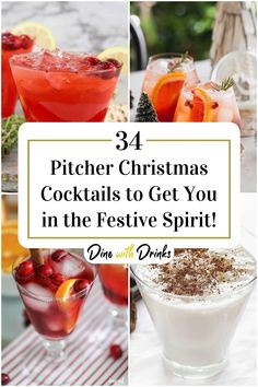 Collage of 4 pitcher christmas cocktails. Christmas Drinks By The Pitcher, Pitcher Christmas Cocktails Recipes, Christmas Party Pitcher Drinks, Holiday Cocktails By The Pitcher, Pitcher Cocktails New Years, Christmas Cocktails By The Pitcher, Christmas Cocktail By The Pitcher, Christmas Drink Pitcher Recipes, Coctails Recipes Alcohol Holiday Drinks