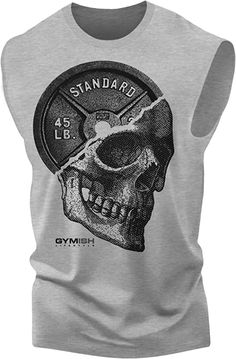 051. Skull Weight Plate Funny Workout Muscle Tank Top for Men Heather Grey T-Shirt GYMISH LIFESTYLE Gym Tshirt Design, Weightlifting Shirts, Funny Workout Tanks, Funny Gym Shirts, Tank Tops For Men, Gym Apparel, Workout Muscle, Funny Workout, Mens Workout Shirts