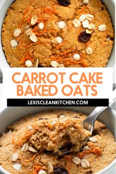 carrot cake baked oats in a white bowl with spoon and title text overlay