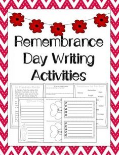 remembrance day writing activities with red flowers on pink chevrons and white chevroned background