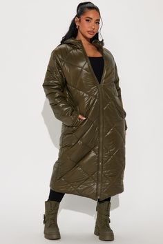 Available In Black, Olive, And Orange. Puffer Hooded Long Sleeve Nylon Quilted Pockets Fully Lined Face: 100% Nylon Back/Filling: 100% Polyester Imported | Everyday Swag Long Puffer in Olive Green size 1X by Fashion Nova Fall Nylon Parka For Cold Weather, Nylon Puffer Parka For Fall, Hooded Nylon Puffer Jacket For Fall, Hooded Nylon Outerwear For Fall, Trendy Hooded Nylon Outerwear, Green Nylon Puffer Jacket For Fall, Green Insulated Nylon Outerwear, Insulated Green Nylon Outerwear, Olive Fashion