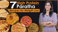 a woman standing in front of an advertisement for 7 high protein parathaa recipe