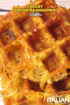 the waffles are made with cheese and bacon hashbrown toppings on top