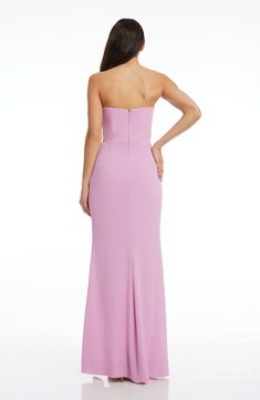 A sweetheart neck and soaring slit style a stunning evening gown with a fitted waist and floor-length skirt. Asymmetrical Maxi Dress, Floor Length Skirt, Strapless Gown, Dress The Population, Maxi Gowns, Hoco Dresses, Sweetheart Neck, Purple Dress, Xl Dress