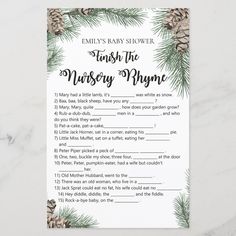 a baby shower game with pine cones on it and the words, merry whinee