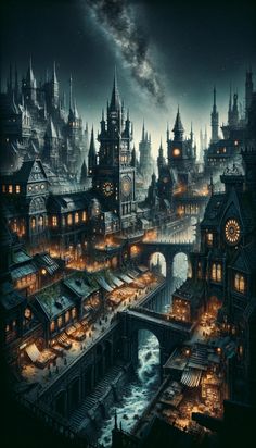 an image of a fantasy city at night