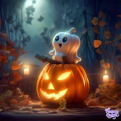 a ghost sitting on top of a pumpkin in the woods with candles lit up behind it