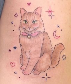 a drawing of a cat on the side of a woman's leg with stars and hearts