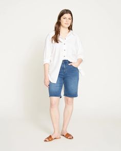 Bae Denim Shorts - True Blue | Universal Standard Casual Medium Wash Bermuda Knee-length Shorts, Casual Cotton Bermuda Shorts In Medium Wash, Casual Medium Wash Cotton Bermuda Shorts, Casual Mid-rise Bermuda Shorts With Relaxed Fit, Casual Relaxed Fit Mid-rise Bermuda Shorts, Casual Dark Wash Bermuda Shorts, Relaxed Fit Denim Knee-length Jean Shorts, Medium Wash Casual Shorts Relaxed Fit, Casual Dark Wash Bermuda Shorts With Built-in Shorts