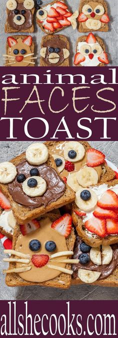 an animal face toast with strawberries, bananas and chocolate on it is the perfect dessert for kids to make