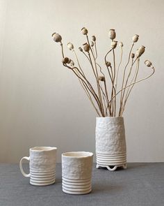 two white vases sitting on top of a table next to each other with dried flowers in them