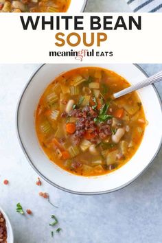 two bowls of white bean soup with spoons in them and the title above it