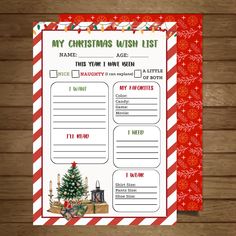 a christmas wish list is shown on a wooden surface with red and white stripes,