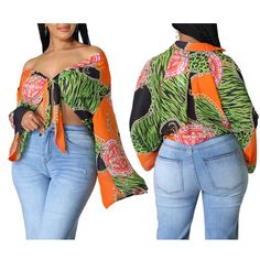 Green Printed Tie Front V Neck Long Sleeve Blouse Green Long Sleeve Top For Vacation, Green Long Sleeve Vacation Tops, Green Long Sleeve Blouse For Vacation, Green Fall Vacation Tops, Green Fall Vacation Blouse, Orange Long Sleeve Blouse For Vacation, Long Sleeve Orange Blouse For Vacation, Ladies Tops Fashion, Shirt Blouses