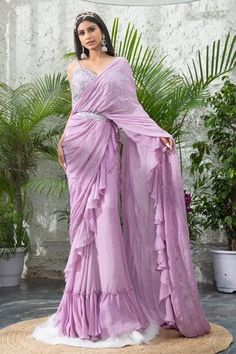 Shop for Kanj by Priyanka A Sakhuja Purple Silk Tabby Lailaa Pre-draped Ruffle Saree With Blouse for Women Online at Aza Fashions Lavender Ruffle Saree, Reception Saree For Bride Sister, Jorjet Saree, Cocktail Sarees, Lavender Saree, Frill Saree, Ruffled Saree, Kajol Saree, Saree Gowns