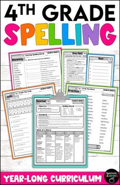 the 4th grade spelling worksheet is shown in four different colors and styles, with text