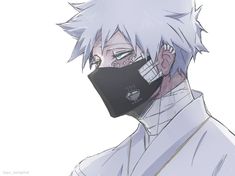 an anime character with white hair wearing a black mask