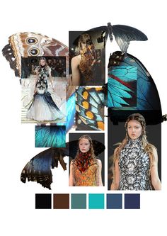 a collage of photos with butterflies and women's clothing