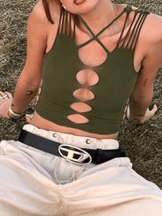 ⚡️Free Shipping 2022 Criss Cross Bandage Cutout Cropped Tank Top Green M under $12.00 in Tops&Tees at AnotherChill.com Online. Style: Street/Y2K/Sexy/Punk/Grunge. Fabric Content: Polyester, Spandex. Fit Type: Slim fit. Neckline: U Neck. Sleeve Length: Sleeveless. : Spice up this such cool tank top for the festival season. Designed with criss cross at collar, featured multi cutout holes at front, cage hollow out on both sides and slit detailing at shoulders.. ✓2022 SUMMER OUTFITS. Check reviews a Moto Car, Street Y2k, Best Tank Tops, Punk Grunge, U Neck, Tank Top Cami, Cropped Tank Top, Crop Tank, Festival Season