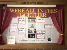 a bulletin board with red curtains and pictures on it that say we're all in this together