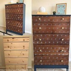 three different pictures of an old dresser