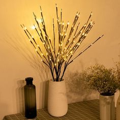 two vases filled with branches and lights sitting on a table next to each other