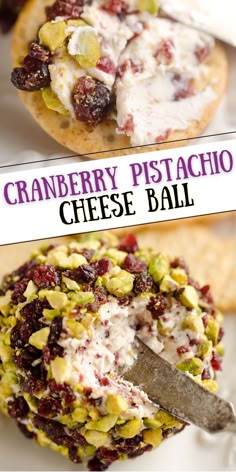 cranberry pistachio cheese ball on a plate