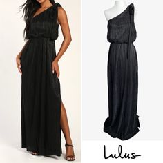 Brand New!! Lulu’s “Glamorous Moment” Plisse Dress Size: Small Color: Gunmetal Metallic Black “You'll Be Walking The Red Carpet Wherever You Go When You're Wearing The Lulus Glamorous Moment Black Plisse One-Shoulder Maxi Dress! Midweight Plisse Fabric, With A Subtle Sheen Throughout, Shapes A One-Shoulder Neckline That Tops A Blousy Bodice With A Bowl Detail At The Shoulder. Elasticized Waist Sits Above A Column-Silhouette Skirt That Finishes At A Maxi Hem.” * Gorgeous One-Shoulder Gown In A St Walking The Walk Lulus, Plisse Dress, Plisse Fabric, Tie Skirt, One Shoulder Gown, Lulu Dresses, The Red Carpet, A Bowl, Bow Ties