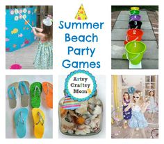 several pictures of beach party games and activities