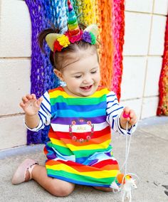 Rainbow Striped Pocket Long Sleeve Dress - ARIA KIDS Rainbows And Unicorns, Rainbow Accessories, Unicorn Headband, School Play, Rainbow Dress, Rainbow Unicorn, Chunky Necklace, Rainbow Stripes, Pocket Dress