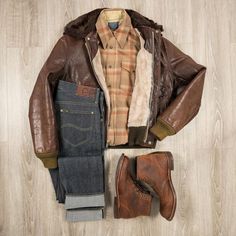 ⚡🇽 🇴 🇸 🇪⚡ on Instagram: ". __________________________________. Leather jacket: vintage 70's #is674sm by @schottnyc. Western Shirt by @pendletonwm Selvedge denim jeans: #101z Dry indigo 13.75 Oz by @lee101official. Boots:#3343 blacksmith Cooper Rough &Todugh by @redwingheritage. . . _________________________________. #schottnyc #leatherjacket #lee101 #denim #rawdenim #denimhead #denimdudes #workwear #heritagestyle #heritage #styleformen #outfitoftheday #menslook #selvedge #selvedgedenim # Vintage Brown Rugged Leather Jacket For Fall, Vintage Selvedge Denim Jacket For Fall, Rugged Vintage Brown Leather Jacket For Winter, Indiana Jones Leather Jacket, Brown Rugged Sheepskin Leather Jacket, Selvedge Denim Jeans, Denim Wear, Selvedge Denim