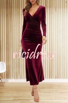 Fishtail Maxi Dress, Purple Dress, Black Maxi Dress, Velvet Dress, Ankle Length, Wrap Dress, Types Of Sleeves, Slim Fit, Solid Color