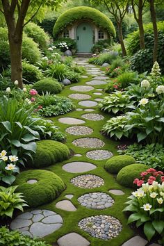 a garden with green grass and stepping stones