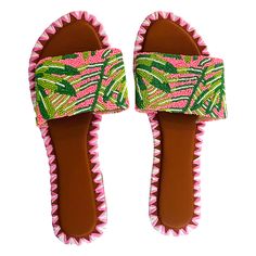 Whole Sizes: 6-10 Custom Hand Beaded Sandals Made to Order (allow 3-5 wks for delivery) *leave order note with size & for monogrammed style, also leave initials in order note See Beaded Collection ➡️ HERE Embellished Open Toe Flip Flops For Spring, Casual Embellished Sandals For Beach Season, Embellished Open Toe Flip Flops For Vacation, Spring Vacation Beaded Sandals, Casual Beaded Flip Flops For Vacation, Pink Embellished Sandals For Summer, Beaded Pink Sandals For Summer, Pink Beaded Sandals For Summer, Casual Beaded Flip Flops For Summer