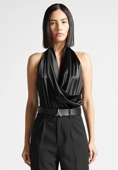 Hooded Cowl Neck Satin Wrap Bodysuit - Black | Manière De Voir USA Luxury Chic Tops With Cowl Neck, Luxury Chic Top With Cowl Back, Luxury Cowl Neck Formal Tops, Luxury Cowl Neck Top For Evening, Luxury Cowl Back Top For Evening, Luxury Evening Top With Cowl Back, Cowl Neck Top Bra, Luxury Chic Cowl Neck Top, Luxury Evening Tops With Cowl Back