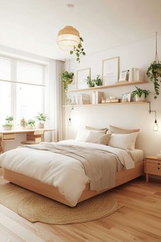 a bedroom with white walls and wooden flooring, plants on shelves above the bed