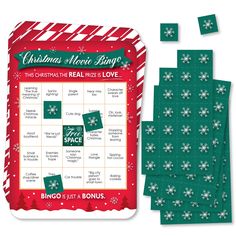 christmas movie bingo game with green and white snowflakes on the front, red and white background