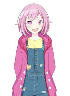 an anime character with pink hair wearing overalls and a pink jacket, standing in front of